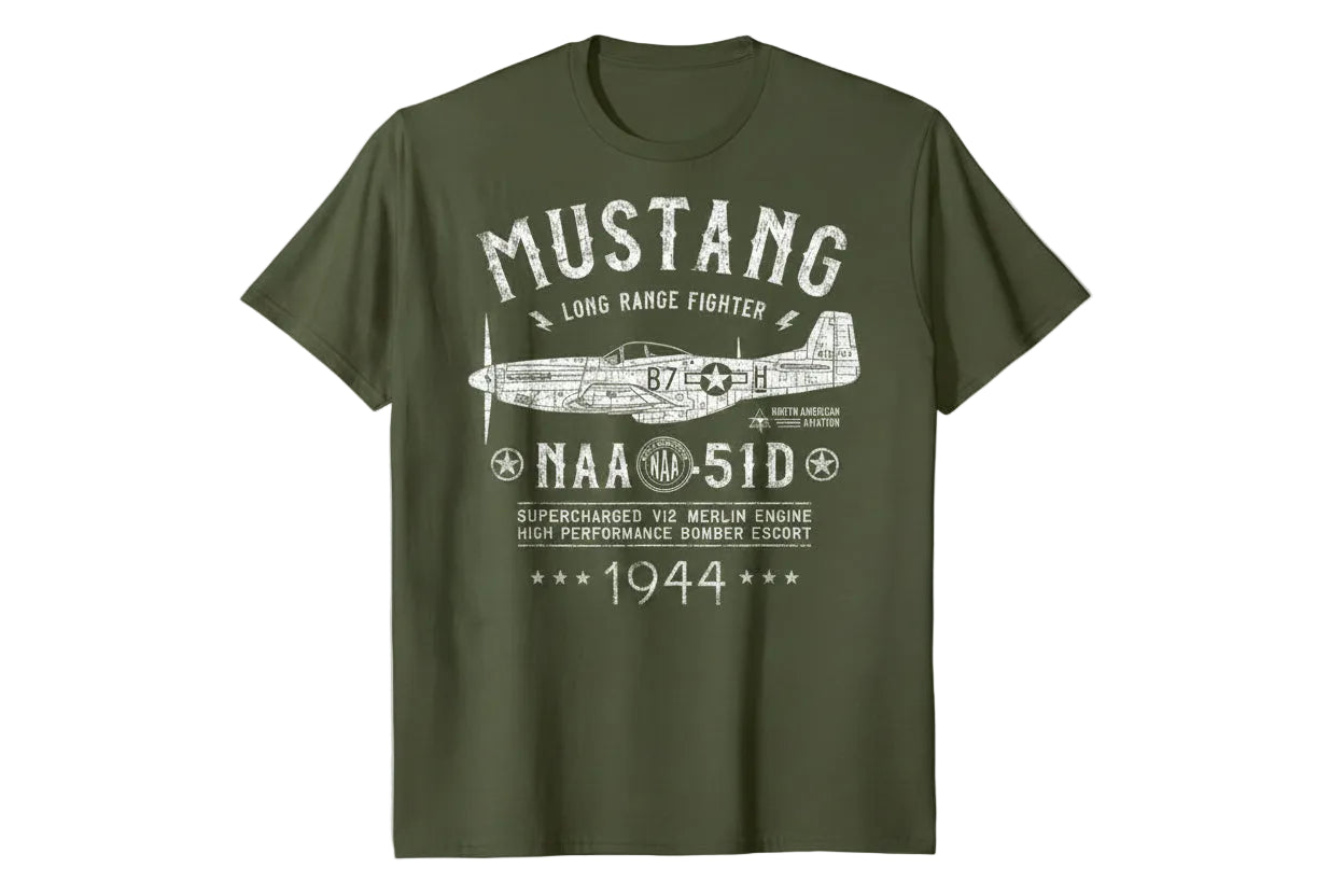 Clean & descriptive P-51 Mustang WWII Fighter Plane T-Shirt — Aviation Gift for Pilots & Enthusiasts