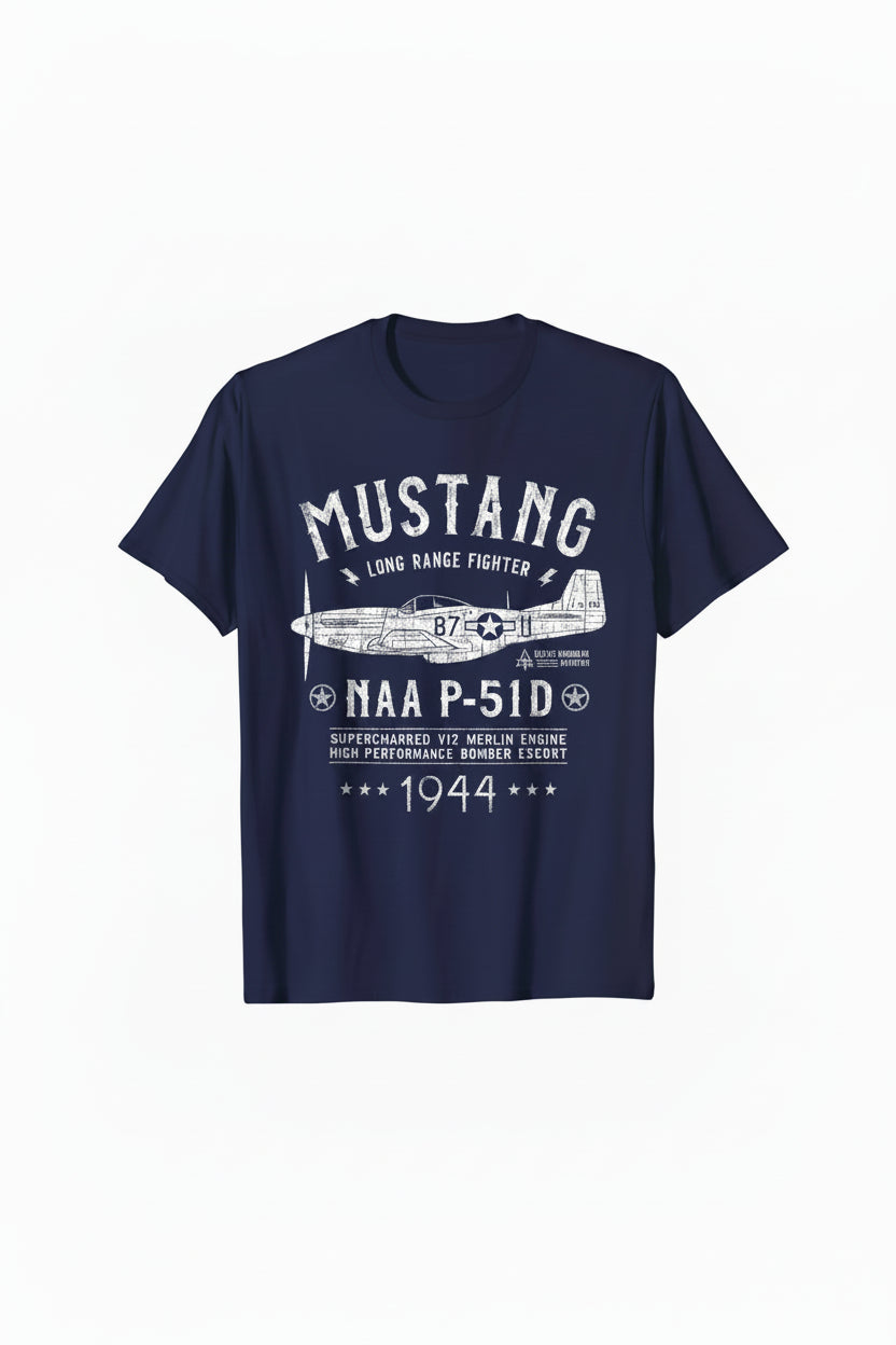 Clean & descriptive P-51 Mustang WWII Fighter Plane T-Shirt — Aviation Gift for Pilots & Enthusiasts