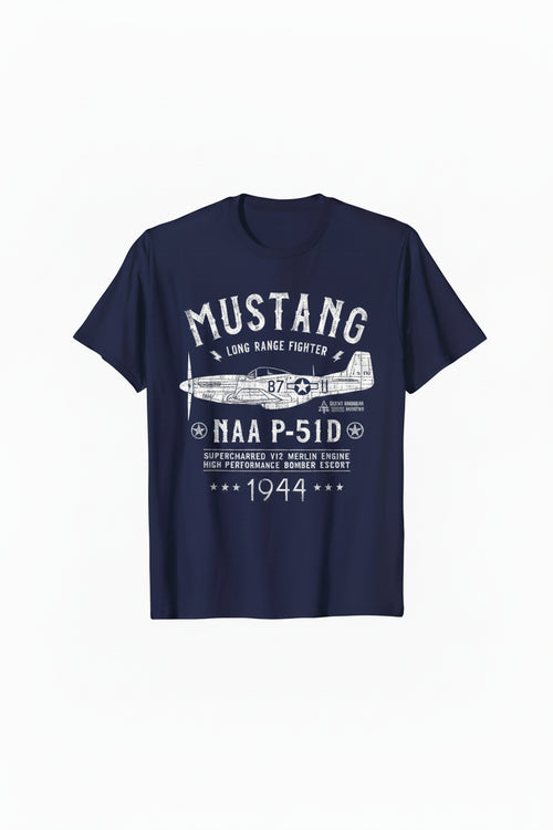 Clean & descriptive P-51 Mustang WWII Fighter Plane T-Shirt — Aviation Gift for Pilots & Enthusiasts